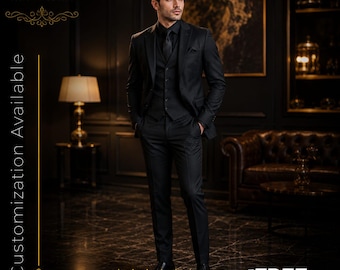 FREE SHIPPING | Men's Black 3 Piece Suit | Black Wedding Tuxedo | Slim Fit Groom Suit | Custom Tailored Suit | Groomsmen Suit | Prom Suit