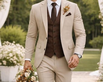Beige 3 Piece Suit with Brown Vest • Slim Fit Custom Tailored Formal Wear