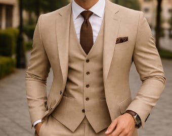 Light Brown 3 Piece Slim Fit Suit • Modern Formal Wedding Business Wear