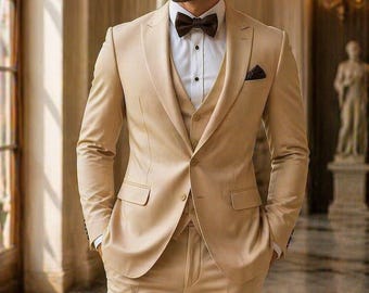 Beige 3 Piece Slim Fit Suit • Peak Lapel Formal Tuxedo, Custom Tailored Menswear