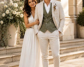 Cream 3 Piece Suit for Men with Green Vest • Slim Fit Wedding Groom Suit • Mens Prom Formal Suit • Luxury Custom Tailored Polyviscose Design