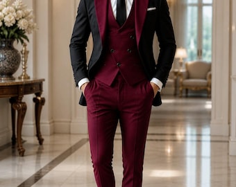 Black Jacket Burgundy Vest Pants Suit • Men's Slim Fit Wedding Prom Formal Business Suit