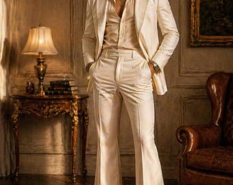 Ivory 70s Retro Suit • Flared Bell Bottom Pants, Wide Lapel Disco Outfit