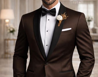 Chocolate Brown Tuxedo Suit • Slim Fit 2 Piece Formal • Black Satin Lapel Custom Tailored