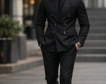 Black Double Breasted Suit • Peak Lapel Slim Fit Wedding Groom Formal Wear