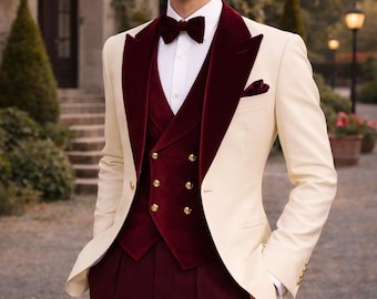 Cream 3 Piece Suit • Burgundy Velvet Peak Lapel Slim Fit Formal Wear