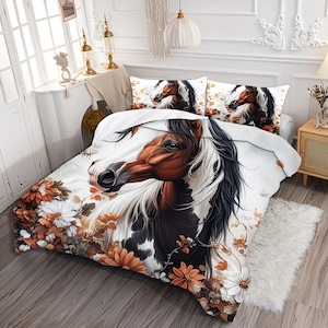Juego de ropa de cama de 3 piezas con estampado de caballos, suave, cómodo y transpirable, sin relleno, apto para todas las estaciones, ideal para el dormitorio o la habitación de invitados.