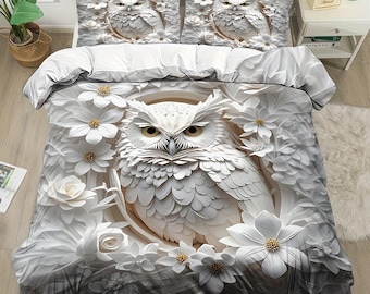 Juego de funda nórdica de 2/3 piezas, juego de funda nórdica con estampado de avión y búho blanco en 2D, ropa de cama estilo King/Queen, decoración de edredón con avión en 2D, regalo de cumpleaños