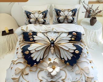 Juego de funda nórdica de 3 piezas con estampado floral de mariposas planas en blanco y negro en 2D, impresión de alta definición para el hogar y la residencia estudiantil.