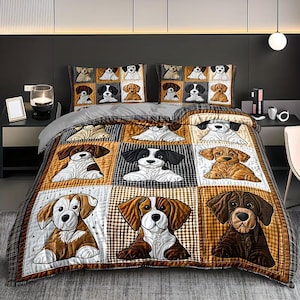 May include: A dog-themed quilt set featuring a patchwork design with various dog breeds. The quilt and pillowcases showcase a repeating pattern of dog illustrations in brown, black, and white, set against a neutral background. The bedding set includes a quilt and two pillowcases.