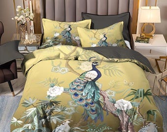 3-teiliges Bettbezug-Set 3D Elegante und wunderschöne Retro Pfau Blumen, Tiere und Pflanzen Gedruckt Bettwäsche Set für Schlafzimmer und Gästezimmer