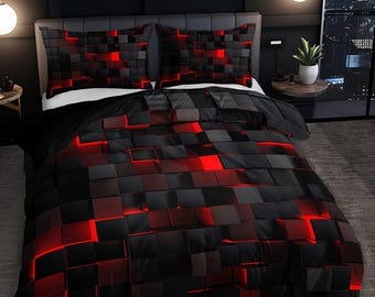 3pcs Stylish Tech-Inspired Checkered High-Definition Digital Printed bedding.Gifts for couples, gifts for teenagers