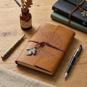 Op de afbeelding: Een beige notitieboek in lederlook met een reliëf van een boom op de kaft, vastgezet met een bruin koord en een metalen bladbedel. Het notitieboek wordt vergezeld door een vulpen, een zwarte balpen en een klein amberkleurig glazen flesje.