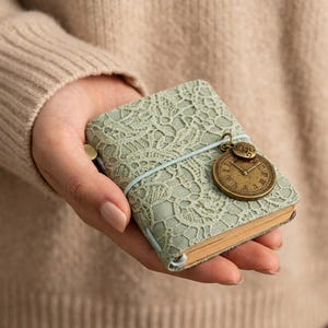 Vintage Lace Embossed Mini Journal, Traveler's Notebook, Antique Clock Charm, Kraft Paper Diary