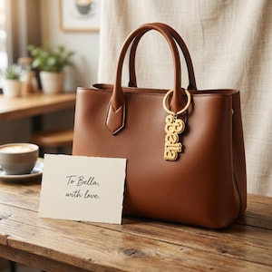 May include: A brown leather handbag with top handles and a gold-colored keychain that spells "Bella". A handwritten card reads "To Bella, with love." The bag sits on a wooden table.