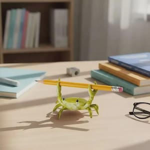May include: A whimsical, green crab-shaped pencil holder with a yellow pencil. The crab is holding the pencil with its claws. The pencil is yellow with a pink eraser. The holder is on a light-colored desk with books and a pencil sharpener in the background.