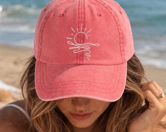 Embroidered Sun and Wave Cap, Minimalist Beach Hat, Boho Summer Ocean Graphic Cap, Coastal Aesthetic Hat, Embroidery Summer Vacation Gift