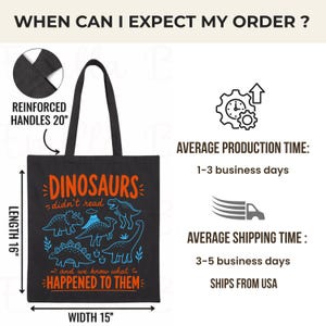 May include: Black tote bag with reinforced handles. The bag features the text "DINOSAURS didn't read and we know what HAPPENED TO THEM" with dinosaur illustrations. The bag is 40.6 cm long and 38.1 cm wide.