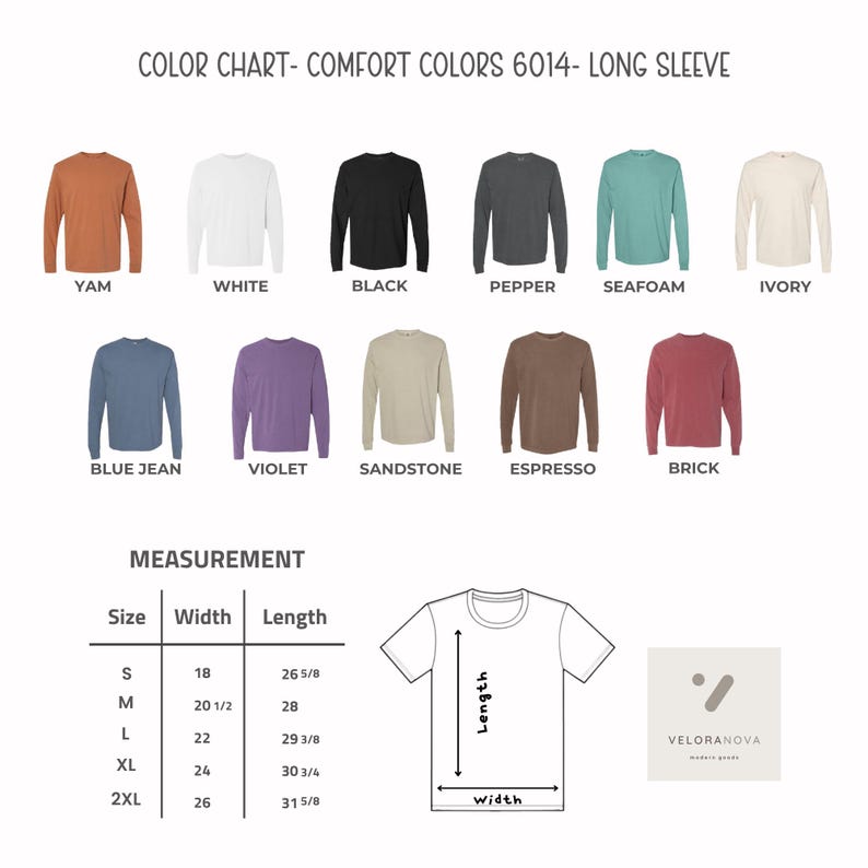 May include: Color chart of Comfort Colors 6014 long sleeve shirts in various colors, including Yam, White, Black, Pepper, Seafoam, and Ivory. The chart also shows Blue Jean, Violet, Sandstone, Espresso, and Brick. Measurement details are provided in inches.
