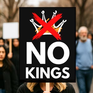 May include: A black sign with the words "NO KINGS" in large white letters. Above the text is a crossed-out crown design in red and gold. The sign is held up in a crowd of people.