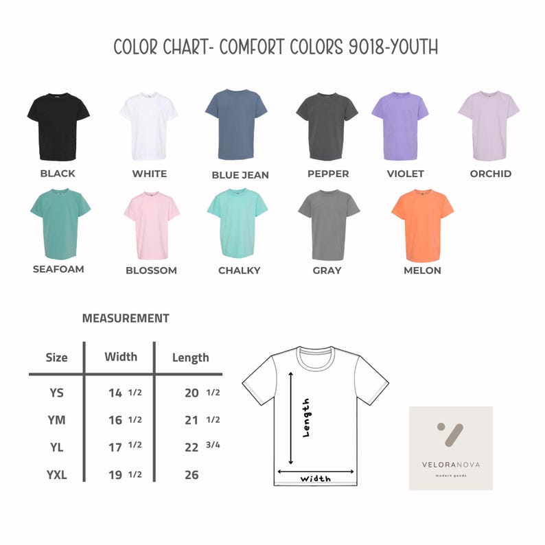 May include: Color chart of youth t-shirts in various colors, including black, white, blue jean, pepper, violet, and orchid. The chart also shows measurements for different sizes, with widths ranging from 14 1/2 to 19 1/2 inches and lengths from 20 1/2 to 26 inches.