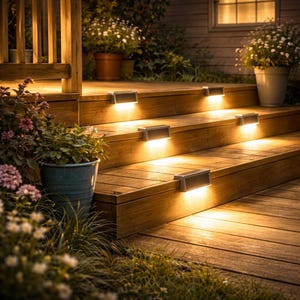 May include: Wooden outdoor staircase with built-in rectangular lights illuminating each step. The warm glow of the lights contrasts with the natural wood tones. Potted plants and flowers add a touch of greenery to the scene, creating a welcoming ambiance.
