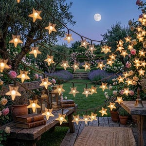 Luci solari a forma di stella per esterni, ghirlanda di luci a forma di stella da 5 m/7 m/12 m, luci da giardino, decorazioni per matrimoni e compleanni, luci a forma di stella per patio e cortile