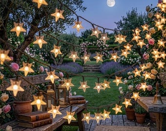 Guirnalda de luces solares de estrellas para exteriores, 5 m, 7 m y 12 m, para jardín, decoración de bodas y cumpleaños, patio y jardín.