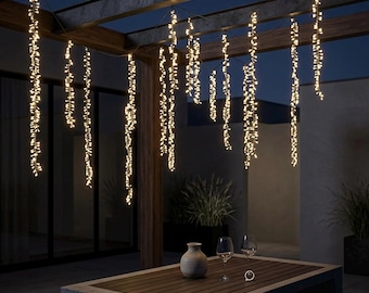 Ljusslinga med vattenfall – Varmvita hängande ljusslingor, Bröllopsgardinbelysning, Träddekoration utomhus, Anslutning EU/US, 264/420/600 LED