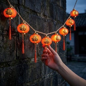 Pode incluir: Uma guirlanda de lanternas de papel laranja iluminadas, com caracteres chineses dourados. Cada lanterna tem uma borla e é enfiada em uma corda de fibra natural. As lanternas estão penduradas em uma parede de tijolos escura.