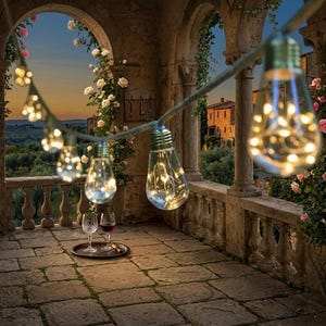 Könnte beinhalten: Lichterkette mit klaren, tropfenförmigen Glühbirnen beleuchtet eine Steinterrasse. Die Lichter sind über einen gewölbten Balkon mit Blick auf eine toskanische Landschaft gespannt. Zwei Weingläser und ein Flaschenöffner stehen auf einem Tablett.