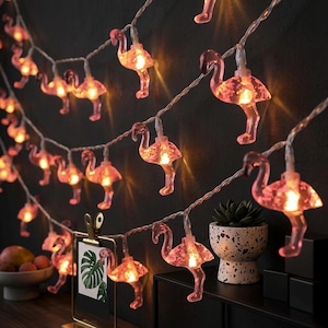 Peut inclure: Guirlande lumineuse avec des lumières en forme de flamants roses. Les lumières sont montées sur un fil fin et argenté et émettent une lueur chaude. L'arrière-plan est sombre, mettant en valeur les lumières décoratives. Décoration amusante sur le thème tropical.
