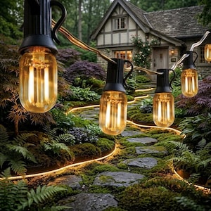 Guirnalda de luces Edison vintage para exteriores, de 7,6 m a 20 m con bombillas LED ámbar, resistente al agua, con enchufe europeo y estadounidense, ideal para jardines, bodas y fiestas.
