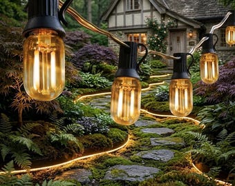Guirnalda de luces Edison vintage para exteriores, de 7,6 m a 20 m con bombillas LED ámbar, resistente al agua, con enchufe europeo y estadounidense, ideal para jardines, bodas y fiestas.