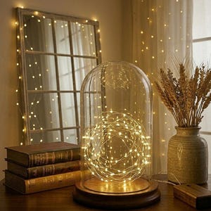 Op de afbeelding: Een decoratieve glazen stolp met een houten voetstuk herbergt een gloeiende reeks warmwitte sprookjeslichtjes. Een stapel vintage boeken en een vaas met tarwearen staan ​​in de buurt. Een rustieke spiegel staat op de achtergrond.