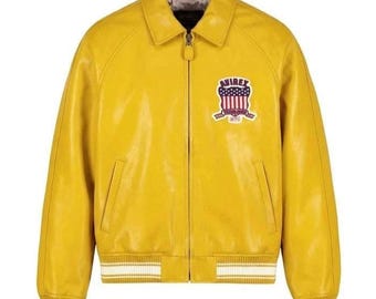 Men's Avirex Real Cowhide Leather Jacket Yellow Bomber American Flight Bomber Jacket, Best Gift for Him