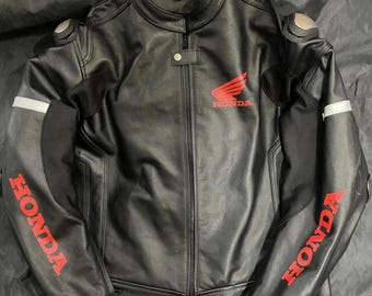 Honda Motorcycle Cowhide Leather Racing Jacket with Red Wing Emblem, Armor Protection, Speed Hump,  Touring Gear , Perfect Gift for Him