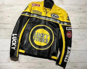 men's Vintage Lucky Strike Team Edition 90s Racing Biker Leather Jacket Motorcycle, Perfect Gift for Him