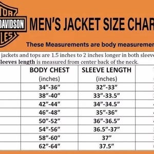 May include: An orange and white Harley-Davidson Men's Jacket Size Chart. The chart includes measurements for body chest, sleeve length, and waist in inches, with sizes ranging from S to 5XL. The Harley-Davidson logo is at the top.