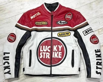 Men’s Handmade Vintage Lucky Strike leather jacket from the 90s, Team Edition, Gift for Bikers