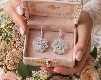 Elegant Flower Hoop Earrings Bride, Rose Crystal Earrings, Wedding Jewelry, Luxury Gift for Her