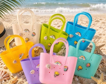 Silicone Mini Tote Bag, Waterproof Beach Handbag, Candy Color Purse (4 Charms Included)