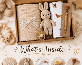 Caja de regalo personalizada para bebé, artículos esenciales neutros para recién nacidos, regalo para baby shower
