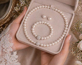 Wedding Pearl Set, Bridal Necklace Earrings Bracelet, Elegant Bridal Jewelry, Gift for Bride