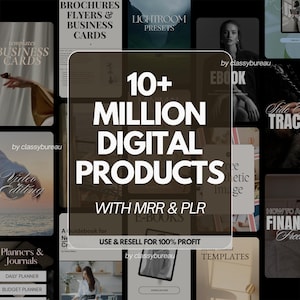 Könnte beinhalten: Werbebild mit dunklem Hintergrund, das verschiedene digitale Produktkategorien zeigt. Der zentrale Text lautet "10+ MILLION DIGITAL PRODUCTS WITH MRR & PLR." Weitere Texte sind "E-BOOKS", "Templates" und "Brochures". Das Bild wirbt für den Weiterverkauf mit 100% Gewinn.
