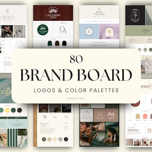 Peut inclure: Une collection de 80 modèles de planches de marque présentant divers logos, palettes de couleurs et mises en page typographiques. Le texte central indique 80 BRAND BOARD LOGOS & COLOR PALETTES classybureau, entouré de multiples feuilles de design.