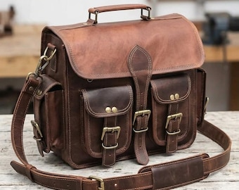 Personalized Leather Biker Bag Custom Vintage Messenger Bag Handmade Leather Satchel Gift for Him Motorcycle Bag Custom Name Gift Travel Bag