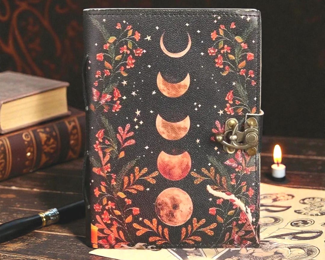 Floral Celestial Moon Phase Leather Journal, Deckle Edge Paper ...