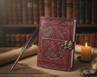 Geprägtes Pentagramm Journal aus Leder mit Schloss, handgenähtes Wicca Grimoire, Vintage Zauberbuch Tagebuch