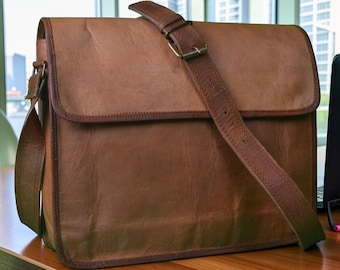 Personalized Leather Laptop Bag, Custom Name Work Bag, Office Messenger Bag, Anniversary Gift, Graduation Gift, Custom Laptop Briefcase